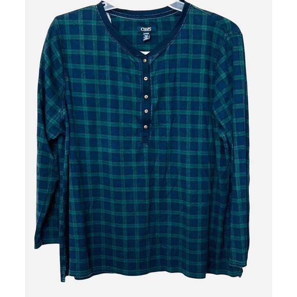 CHAPS LONG SLV CREW NECK PULL- OVER TOP, WOMENS, 2X, NAVY BLUE & GREEN PLAID - Picture 1 of 12